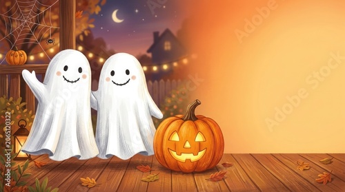 Halloween day celebration with smiling ghosts and jack o lantern on wooden porch
