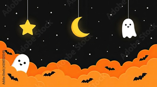 Halloween day celebration background with ghosts bats and moon on a spooky night sky