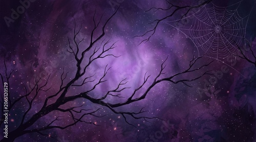 Spooky halloween night sky with bare trees and spider web a dark and mysterious halloween day celebration background
