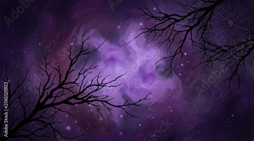 Eerie halloween day celebration background with spooky tree branches and nebula sky for festive designs