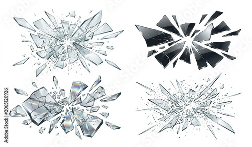 Fotografie Realistic broken glass shards set with transparent mirror fragments and explosiv