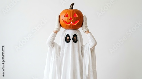 Halloween day celebration with ghost holding jack o lantern