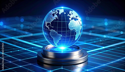 Futuristic holographic globe on metallic pedestal with blue grid lines, symbolizing global connectivity, technology, and innovation in digital design.