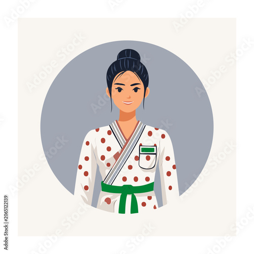 Woman in martial arts uniform with green belt illustration