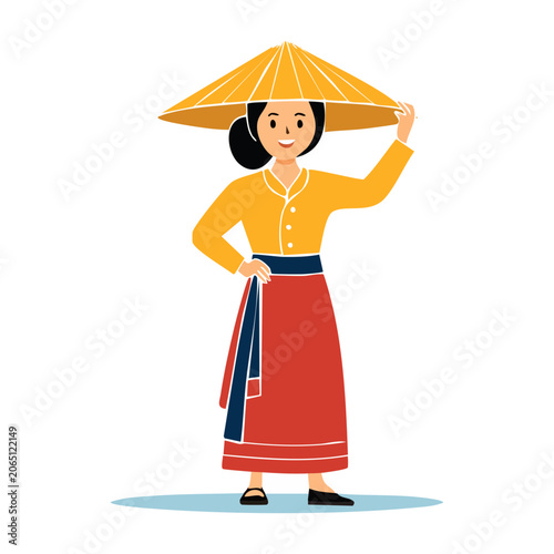 Woman in traditional clothing with conical hat illustration