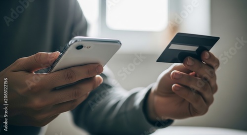 Person holding smartphone and credit card for online shopping or payment