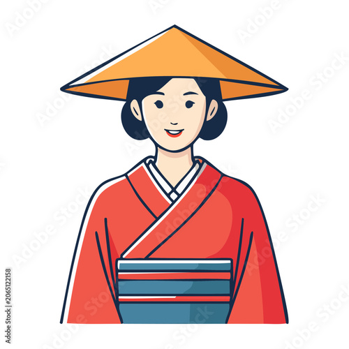 Woman in Traditional Kimono and Straw Hat Illustration