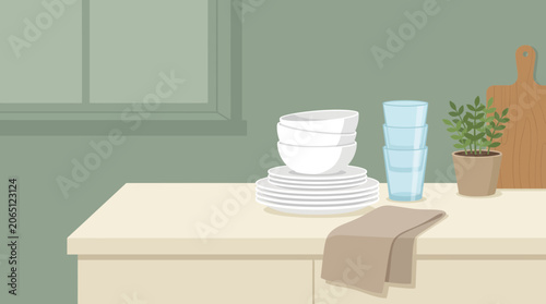 Photos Clean Countertop With Stacked White Dishes and Glasses