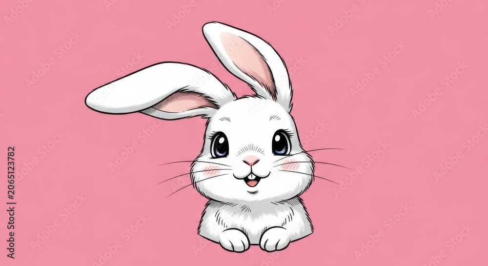 Fototapeta premium Cute White Bunny Rabbit Illustration with Pink Background.