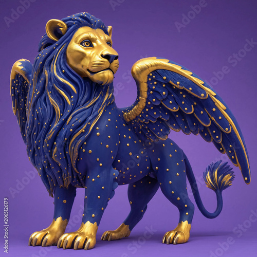 Winged lion statue with celestial star pattern in blue and gold colors representing mythological fantasy creature against purple background