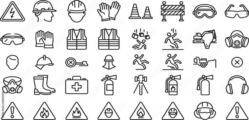 Fototapeta premium Construction Safety and Protective Equipment Line Icon Set Featuring Hard Hats, Warning Signs, PPE Gear and Workplace Hazard Symbols