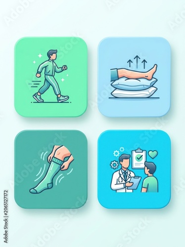 Medical illustration of foot care and rehabilitation steps in four colorful squares