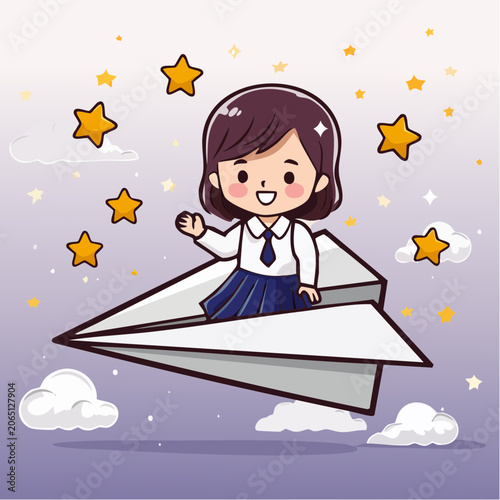 Chibi Girl Flying on Paper Airplane Among Stars
