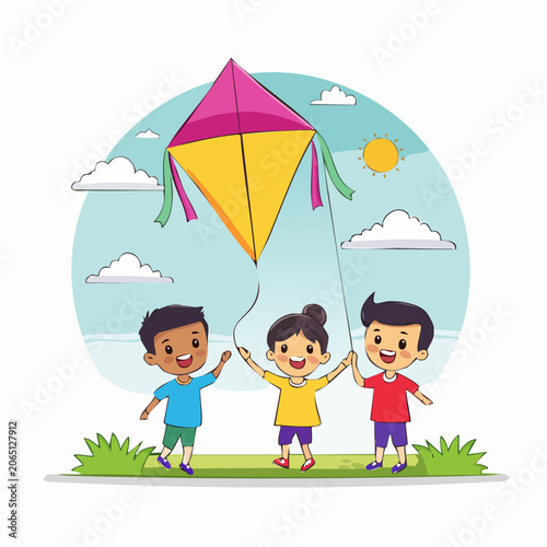 Children Flying a Kite Outdoors