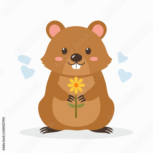 Cute cartoon groundhog holding a yellow flower
