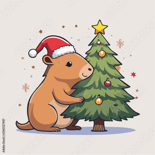 Cute Capybara Wearing Santa Hat Decorating Christmas Tree