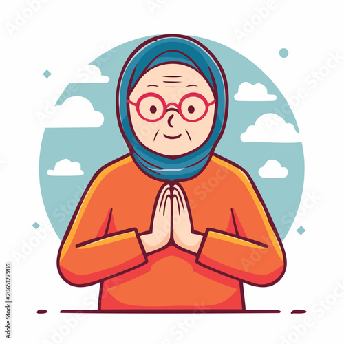 Elderly Muslim Woman Wearing Hijab and Glasses, Praying or Greeting