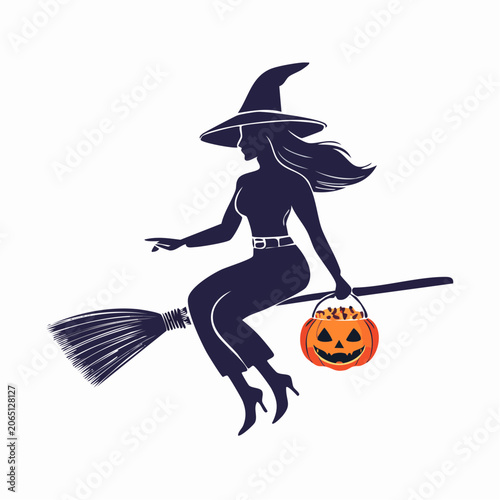Silhouette of a witch flying on a broomstick with a pumpkin candy bucket