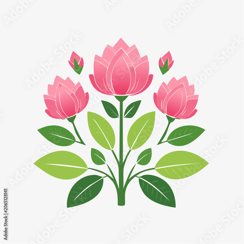 Stylized Pink Lotus Flowers and Buds with Green Leaves