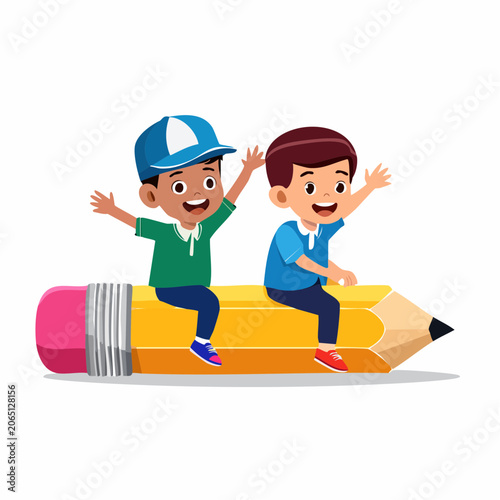 Two happy children riding on a giant pencil