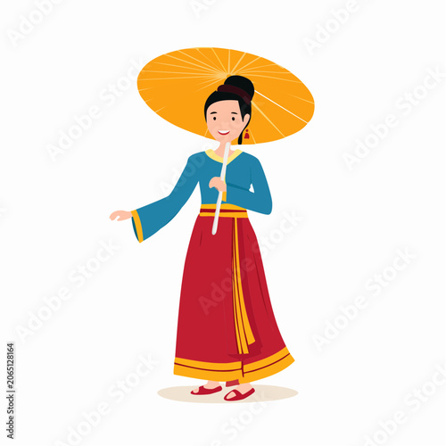 Woman in Traditional Asian Attire Holding an Umbrella