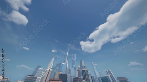 A modern metropolis from the bottom up is a timelapse of a cloudy sky. A business district with skyscrapers. Urban landscape.