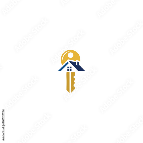 Real Estate Key Logo With House Roof and Sun Symbol Representing Home Security and Property Services