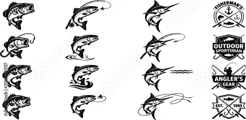 Fotografía Fishing and Angling Logo Collection Featuring Bass Fish, Marlin, Sport Fishing E