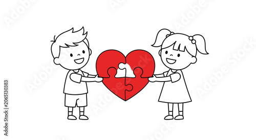 Cartoon boy and girl joining heart puzzle pieces together
