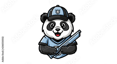 Cartoon panda mascot holding rifle wearing blue gaming jersey