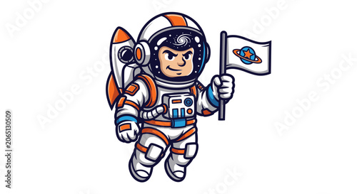 Cartoon astronaut mascot with jetpack holding a flag