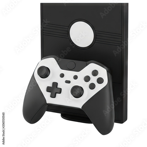 Modern Black and White Video Game Controller and Console