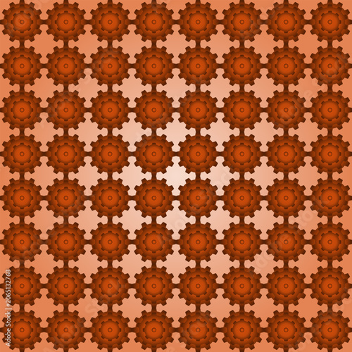 Abstract seamless background featuring repeating orange mechanical gears and cogs in a symmetrical pattern