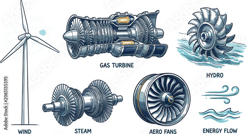 Renewable and Industrial Energy Technology Collection Featuring Wind Turbine, Gas Turbine, Hydro Power, Steam Turbine and Aero Engine Components