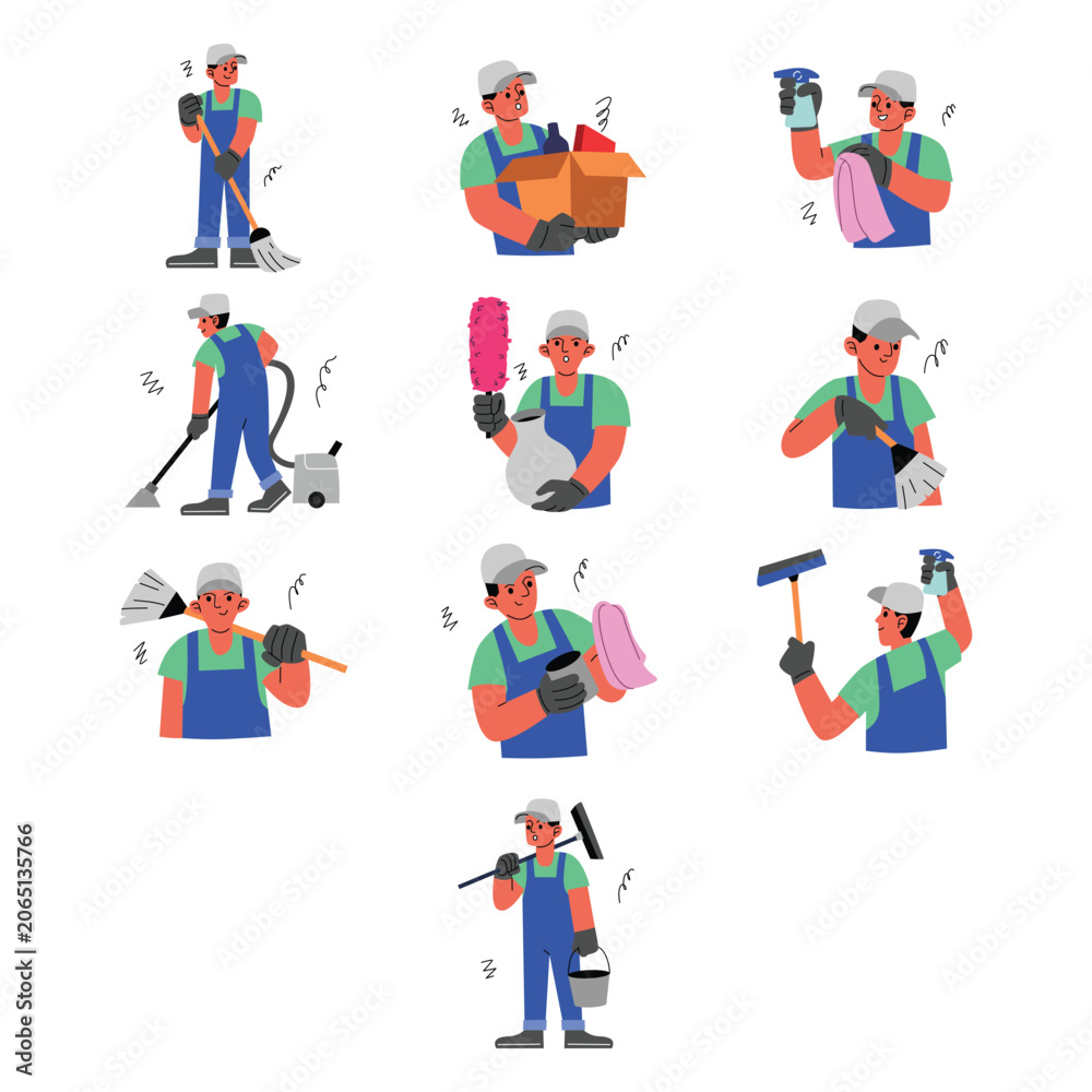 Fototapeta premium Professional Cleaning Service Worker Character Illustration Set