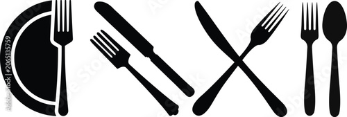 Photos Spoon, knife, fork icon set, Dining silverware Silhouette, cutlery, Vector illustration