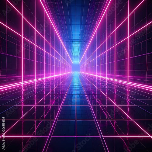 Neon Grid Tunnel with Pink Lights.