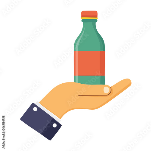 Flat design hand holding green bottle with red label
