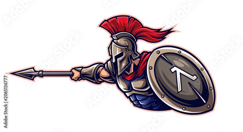Cartoon spartan warrior with spear and shield isolated on white background