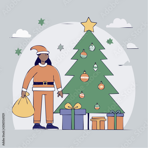 Person in Santa Costume with Christmas Tree and Gifts