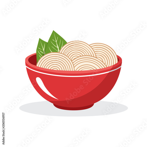 Red bowl of noodles with green leaf illustration