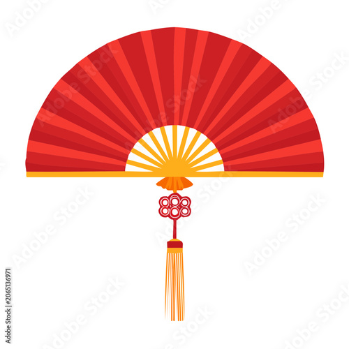 Red Oriental Fan with Tassel and Knot Illustration