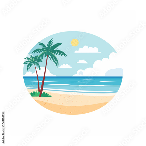 Tropical beach illustration with palm trees and ocean