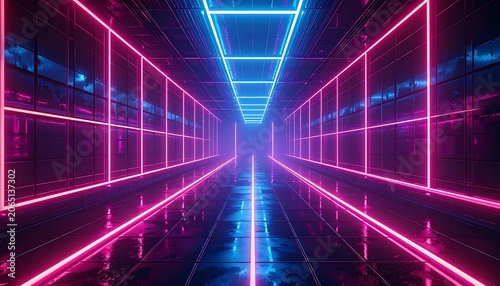 Neon lit futuristic tunnel corridor interior.
