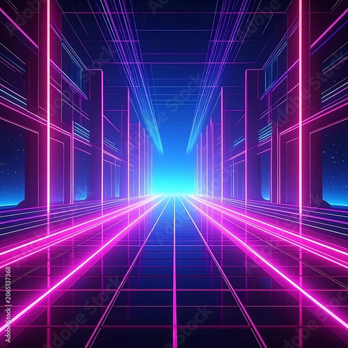 Neon lit futuristic corridor with beams.
