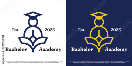 Bachelor academy logo design illustration vector. Graduation person silhouette. Education university symbol icon.