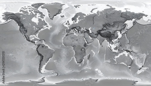 A grayscale world map with varying shades indicating different elevations