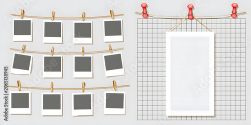 A collection of hanging photo booth strip and instant photo frame mockups, along with push pins. Includes blank retro image templates ready for scrapbooking, preserving memories, branding, and creativ