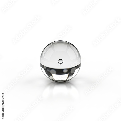 Clear Glass Sphere with Small Air Bubble on White Background.