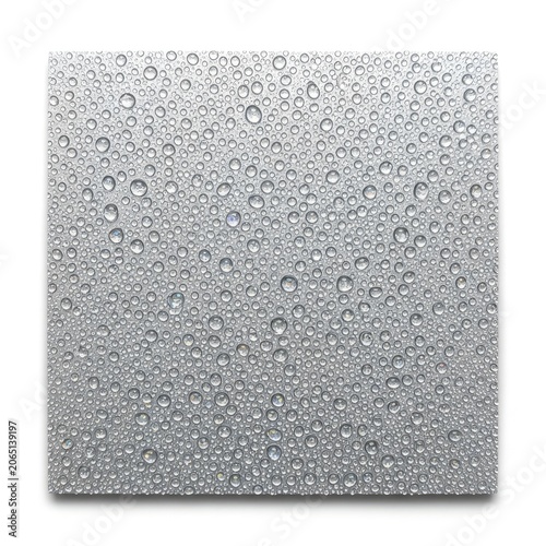 Close-up of numerous clear water droplets on a light gray surface creating a textured background.